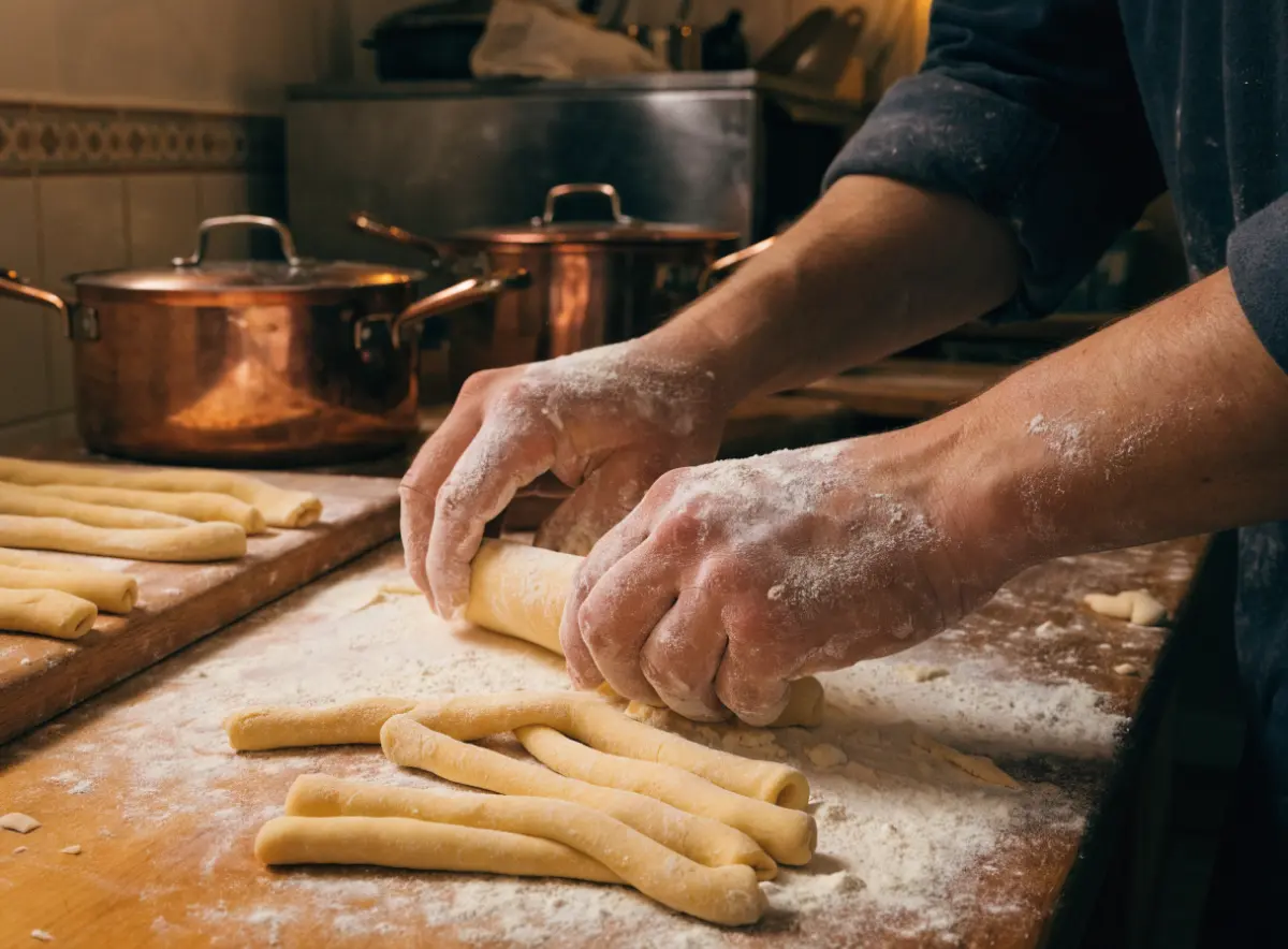 Met de hand gerolde pici in de keuken